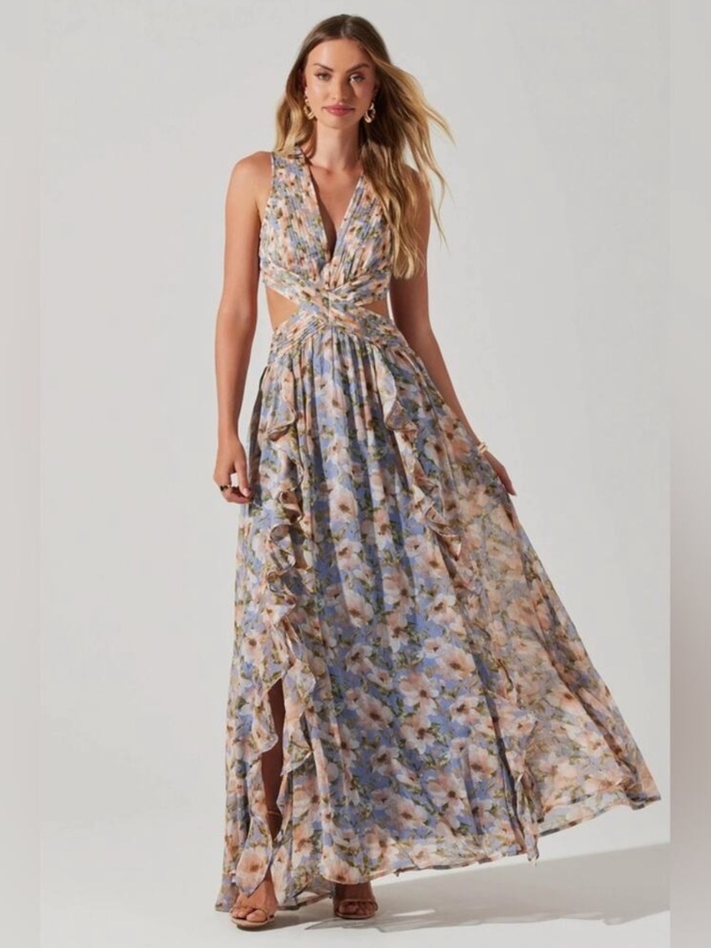ASTR Noya Blue Floral Cutout Maxi Dress Small Lace Up Wedding Guest Garden Party